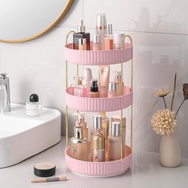 Aveniee 360 Rotating Makeup Organizer for Vanity, Skincare Make Up Organizers Large, Spinning Bathroom Counter Organizer Shelf Holder for Cosmetics, Skin Care, Lipsticks(3 Tiers, Pink)