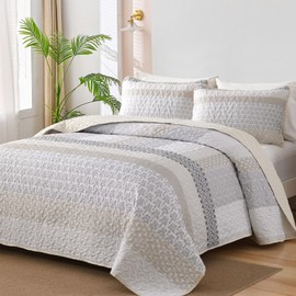 WONGS BEDDING Beige Quilt King Size, Bohemian Stripe Quilt Sets 3 Pieces Boho Quilted Bedspread Set Lightweight Microfiber Coverlet Bedding Set All Season (104"x90")