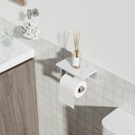 BATHLAVISH Toilet Paper Holder with Marble Shelf, 304 Stainless Steel Tissue Hand Holder Wall Mounted Toilet Paper Roll Hold with Phone Shelf for Bathroom Kitchen Washroom Bedroom, Brushed Nickel