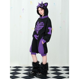 Micotaku Cat Skull Plush Hooded Pajama Set - Black/Purple, Cozy Flannel & Faux Fur, Detachable Paws & Eye Mask Included