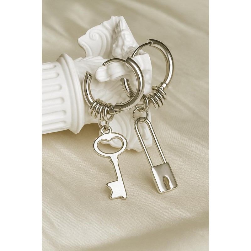 Lock and Key Hoop Earrings – Asymmetrical Punk Dangle Earrings,