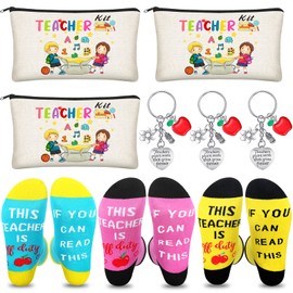 9 Pcs Teacher Appreciation Gifts Set, Includes 3 Teacher Socks 3 Makeup Pouch Bags 3 Teacher Keychains Teacher off Duty Socks Cosmetic Bags for Teacher's Day Graduation (Cartoon Style)