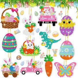 Ferraycle 12 Pieces Easter Diamond Painting Keychain 5D DIY Diamond Painting Kit Easter Egg Bunny Butterfly Hanging Diamond Art Kits Easter Ornaments for Kids Holiday Crafts Family Decor