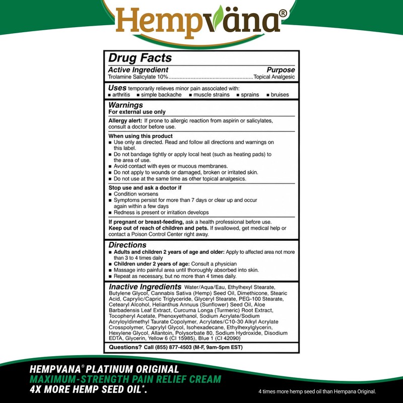 Hempvana Platinum Max Strength Relief Cream, 4X Hemp, Odor-Free, Non-Greasy