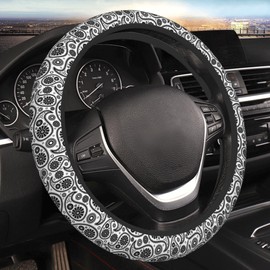 Steering Wheel Cover for Women Men Floral Paisley Black White Flowers Boho Bohemian Steering Wheel Protector Universal Fit Most Car Sedans SUVs - 15 Inch