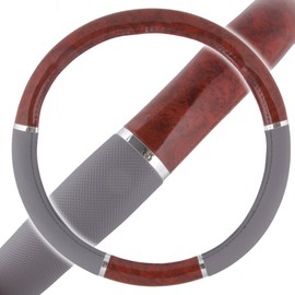 BDK Dark Wood Grain Car Steering Wheel Cover, Standard 15 inch with Gray Faux Leather Grip, Made to Fit Most Auto Truck Van SUV