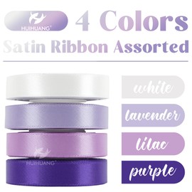 HUIHUANG Purple Satin Ribbon 1/2 inch x 4 Rolls White/Dark Purple/Lilac/Lavender Ribbon for Gift Wrapping DIY Crafts Hair Decor Flower Bouquets Wedding Decor- Total 40 Yards
