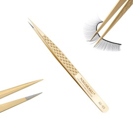 NAGARAKU Eyelash Tweezers, Precision Fiber Tip Tweezer for Eyelash Extensions Diamond Grip Anti-Static Anti-Slip Premium Gold Stainless Steel Pointed Lash Tweezers - Straight Tip Classic Tweezer AG-03