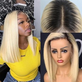 Belaved Bob Wig Human Hair Ombre Blonde 13x6 HD Lace Front Wigs Straight Middle Part 1B/613 Blonde Glueless Lace Frontal Short Wig for Women 14 Inch Dark Roots Blunt Cut Pre Plucked Natural Hairline