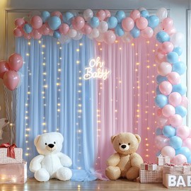 10x10ft Pink Blue Tulle Backdrop Curtain with Lights String for Parites, Sheer Backdrop Curtains for Wedding Baby Shower Birthday Party Photo Shoot Decorations