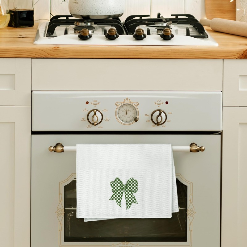 Coquette Green Checkered Bow Kitchen Towels, Black and White Checkerboard