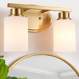 Modern Rustproof Bathroom Light - Over Mirror, 2 Light Brushed Gold Vanity Light Wall Mount, Etched Opal Glass