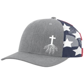 Christian Cross Roots Jesus Christ Mens Embroidered Mesh Back Trucker Hat, Heather Grey/American Flag