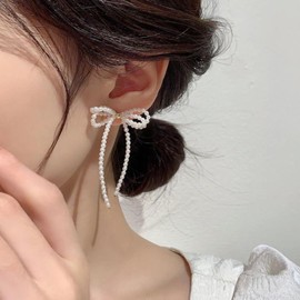 WONIONI Ribbon Pearl Earrings, Korean Women's, INS Style, Ribbon Earrings, Cute, Petite, Accessory, Wedding, Graduation, Mature Look, Stylish, Parties, Special Occasions