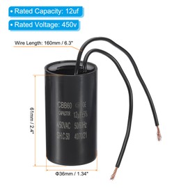PATIKIL 12uf CBB60 Run Capacitor, AC 450V 2 Wires 50/60Hz Motor Running Capacitor 61x34x61, Black