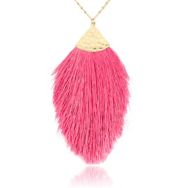 RIAH FASHION Antique Bohemian Silky Thread Fan Tassel Statement Necklace - Vintage Gold Feather Shape Strand Fringe Lightweight Long Chain (Feather Fringe - Hot Pink)