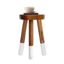JOLLYMER Teak Wood 9" Round Plant Stand |Dip Dyed Plant Stand |Accent Stool |Milking Stool |Bath Stool |Small Side Table (16" Tall White)