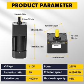 250W Variable Speed Motor with Gearbox and Bracket, 0-270RPM(5K) High Torque AC Gear Reducer Motor for Industry, Robotics, Automotive, Production Line