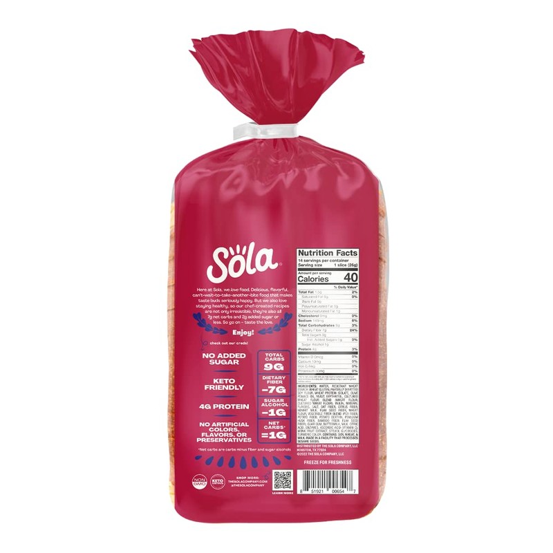 Sola Keto Sweet & Buttery White Bread - Delicious Non-GMO,