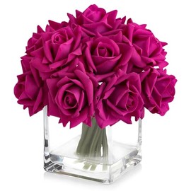JINWOE - Rosas falsas con tallos de color rojo rosa, 10 rosas sintéticas de seda suave al tacto real, rosa artificial realista para centros de mesa de boda, fiesta, decoración del hogar