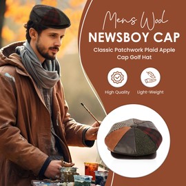 Men's Wool Newsboy Cabbies Fall Winter Classic Patchwork Plaid Apple Cap Golf Hat Multi-Color (US, Alpha, Medium, Orange 1595)
