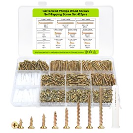 #4 Flat Head Small Wood Screws Assortment kit, 420Pcs, Phillips Short Screw, Yellow Zinc Plated, Cabinet Hinge Mounting, Electronics DIY Micro Screws Fasteners Set, Contains 20pcs M6 Screw Anchors