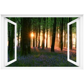 Fake Window Decal - 48"x32" Pre-Cut Vinyl Wall Art (Top & Bottom Panels) | Forest Sunset Through Trees with Purple Flowers Mural Sticker | Removable Peel & Stick Decor
