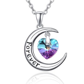 TANGPOET 925 Sterling Silver Moon Necklace for Women Crystal Moon Pendant Forever Love Heart Jewellery for Her, Sterling Silver