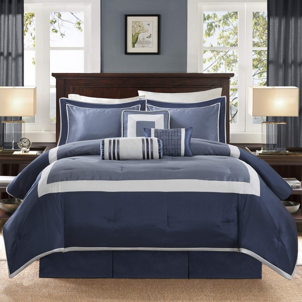 Madison Park Cozy Comforter Set-Deluxe Hotel Collection, All Season Down Alternative Luxury Bedding with Matching Shams, Decorative Pillows, King(104"x92"), Genevieve, Navy 7 Piece