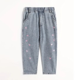 Boy's Stylish Comfortable Denim Long Pants Waterproof Straight Style with Back Pockets Washed with Heart ShapeAge: 9 Years, Color: Navy