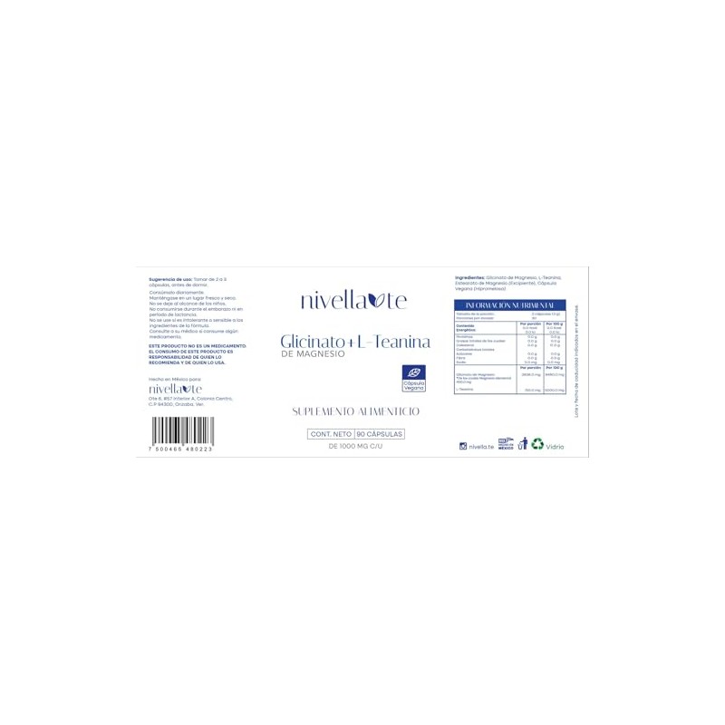 Glicinato + L-Teanina Suplemento Alimenticio Natural 90 Cápsulas 1000 mg