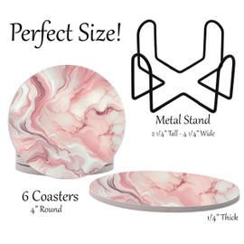 Pink Marble Round Coasters Set of 6 - Abosrbent Ceramic Coasters with Metal Stand for Drinks, Beer, Coffee, Non-Slip Cork Back for Tabletop Protection, 4 Inches (Pink 1)