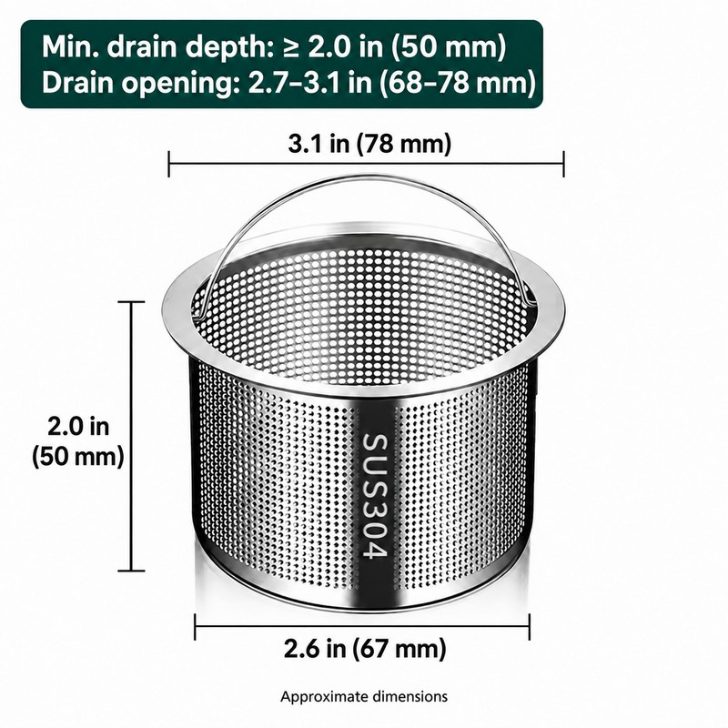 304 Stainless Steel Sink Strainer Basket with Handle – 0.8",