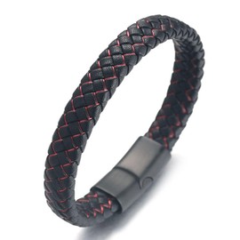HALUKAKAH ● Nightwatch ● Men's Genuine Black Leather Titanium Bracelet Red Cord 8.46"(21.5cm) Magnetic Clasp with Free GIftbox