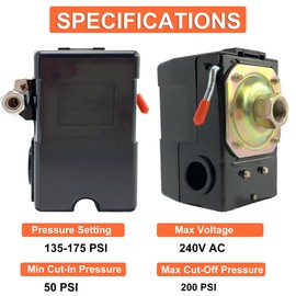 Air Compressor Pressure Switch, 135-175 psi Pressure Switch for Air Compressor,Heavy Duty 26A with Unloader & On/Off Lever