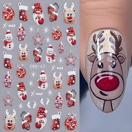 Christmas Nail Art Stickers, Christmas Nail Decals 5D Embossed with Santa Claus Snowflake Elk Deer Snowman Xmas Tree Design 4Pcs Manicure Winter Cartoon Nail Decoration Supplies for Women Girl