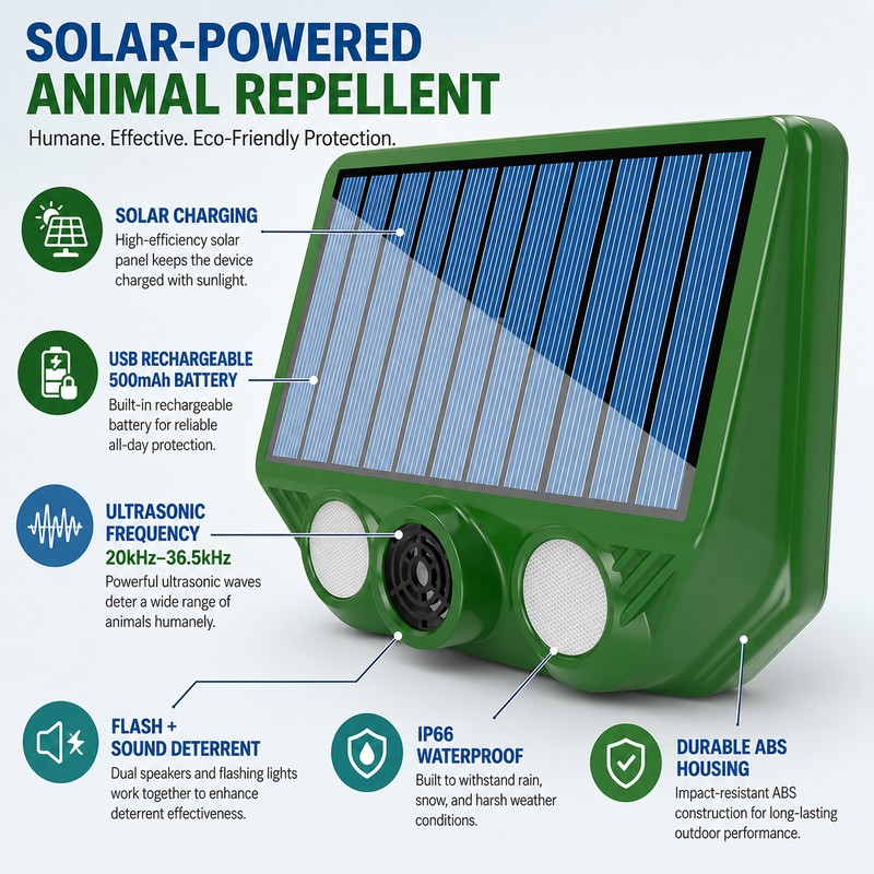 Solar Ultrasonic Animal Repeller for Outdoor Use – IP66 Motion