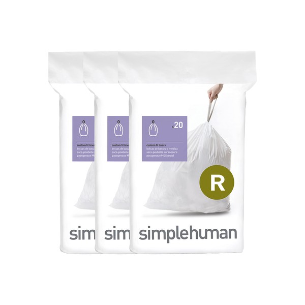 simplehuman CW0253 Code R, Custom Made Bin Liners, 3 x Pack of 20 (60 Bags), White Plastic