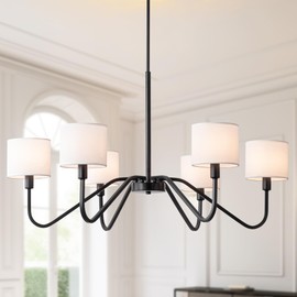 Febeleven Modern Black 6-Light Chandelier, 39" Pendant Light with White Fabric Shade Adjustable Classic Chandelier Light Fixtures for Kitchen Island Dining & Living Room Entryway