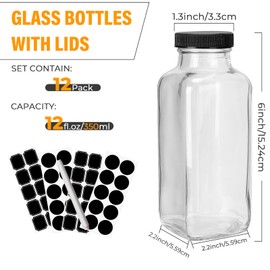 Keketin 12 oz Empty Glass Juice Bottle,12 Pack Square Drinking Bottles Jars with Lids,350ml Reusable Glass Water Bottles for Beveragers,Juicing and Milk