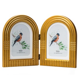 ibalux 5x7 Double Hinged Picture Frame, Arched Photo Frame, Engineered Wood with Real Glass, Matted to 4x6, Vertical Format for Tabletop or Desktop Display, Vintage Antique Gold