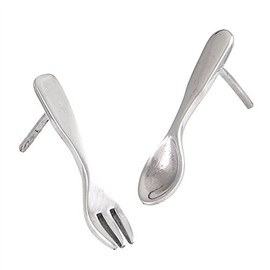 Silverware Spoon Fork Eating .925 Sterling Silver Food Utensils Stud Earrings