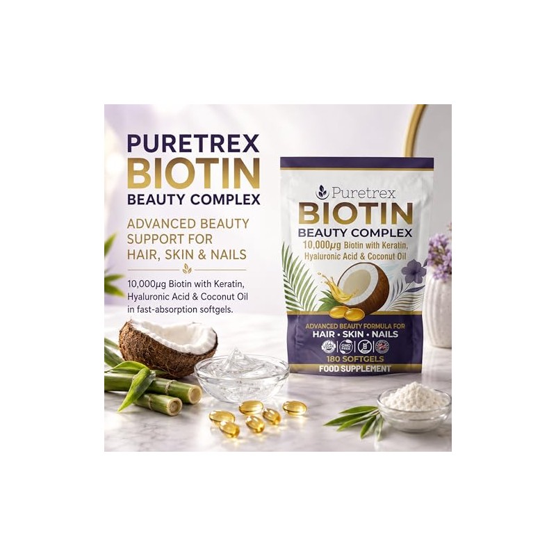 Puretrex Biotin 10, 000mcg Hair Skin and Nails Vitamins, 180