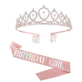 JEXOWIQ Birthday Girl Decoration Sash and Tiara, Birthday Queen Sash & Rhinestone Tiara Set Birthday Tiaras and Sashes for Girls Birthday Decorations Hair Accessories Glitter Sash for Party