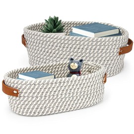 Laelr Woven Storage Basket, 2Pcs Cotton Rope Storage Baskets with Handles, Decorative Woven Basket for Living Room, Woven Storage Bins for Organization (Grey)