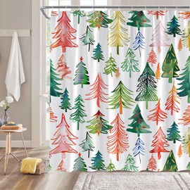 GCTNBJL Chistmas Tree Shower Curtain Red Green Pink Xmas Tree Forest Winter Holiday Cute Watercolor Bathroom Home Curtain with Hooks,70x70 Inch