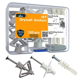 ALBO Drywall Anchor Kit Hollow Wall with Screws Set 120 pcs. (Grey Butterfly 20pcs + White Butterfly 20pcs + Self Drilling 20pcs + Screws 60pcs) Plastic Anchors for Drilling Hollow Walls