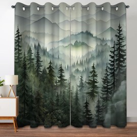 Forest Green Blackout Curtains Patterned Misty Nature Rustic Grommet Window Drapes for Bedroom Living Room Kitchen, Black Out 84 Inch Length 2 Panels Set, 84 X 52 Inch
