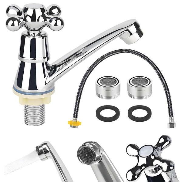 Kaltwasserhahn Küche Set, Wasserhahn Bad Kaltwasser, Kaltwasserarmatur mit 58cm Anschlussschlauch,
