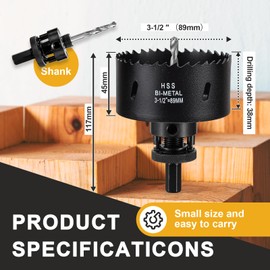 3 1/2 inch Hole Saw Drill Bit for Metal and Wood, M42 Bi-Metal Hole Cutter with 1.5” Cutting Depth for Plywood, Fiberglass, Acrylic, Drywall and Sheet Steel